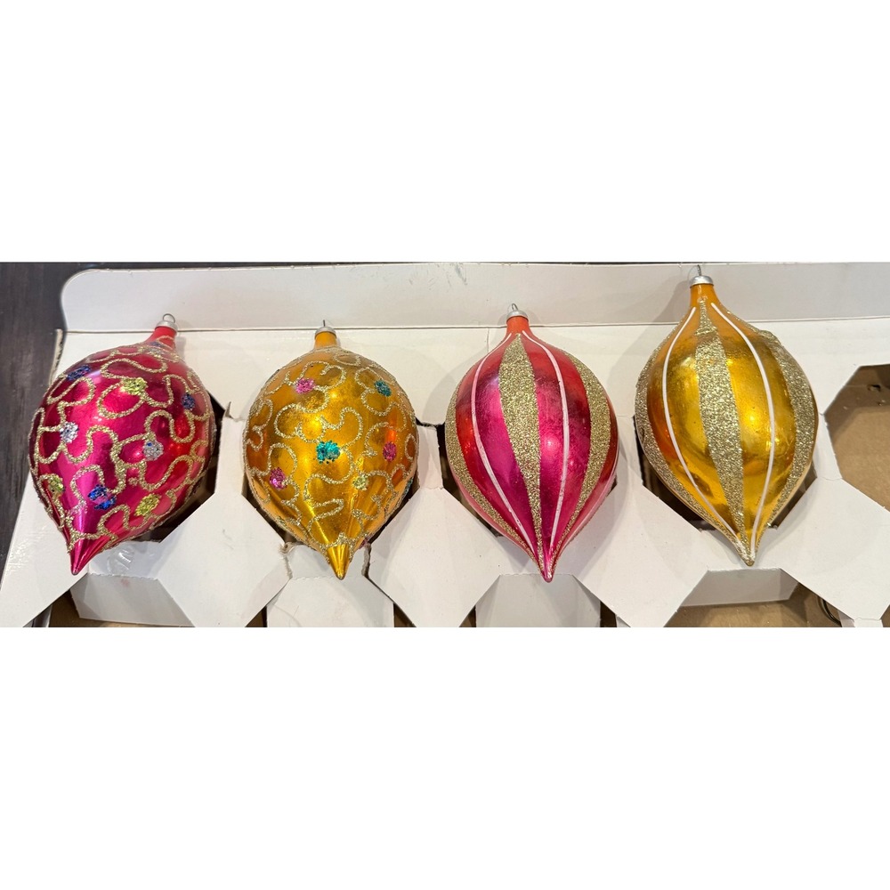 Christmas Ornaments Set Multicolor Vintage Glass Glitter Teardrop Pear Shape 4pc
